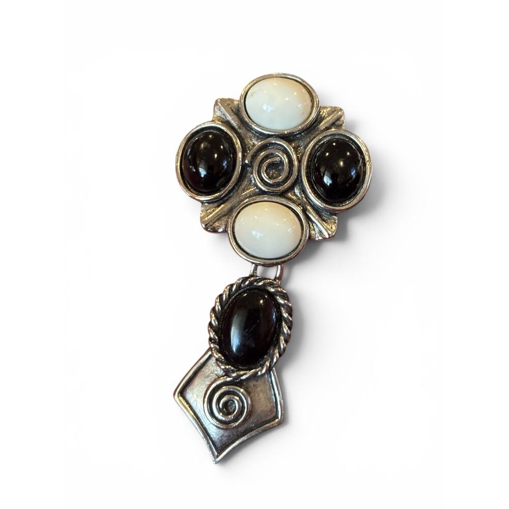 1928 Jewelry Co Black White Cabochon Dangle Brooch Silver Tone Vintage Pin
